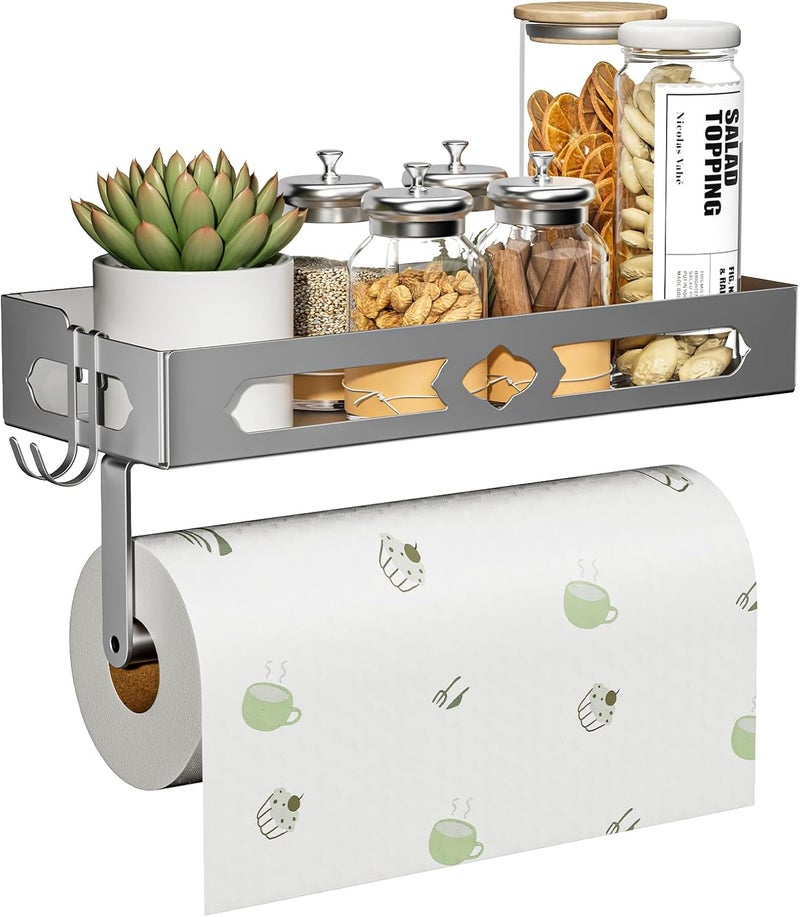 GAGUIUP Stylish Kitchen Paper Towel Holder with Shelf - Adhesive Hand Towel Holder for Bathroom Wall Mount, Rust-Resistant Matte Grey Finish for RV Toilet Paper Holder Rack, Easy One-Handed Operation Design - Image 1